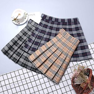 Saias Contraste a cor da saia listrada da cor coreana da saia plissada Autumn High Caist A Line Plaid Mini Skirt Student Student Style Sweet W0308