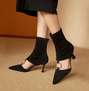 Boots Womens указали колено вырезанное S квадратное кружковое ружье высокие туфли на каблуках настоящие кожаные черные каблуки 230821