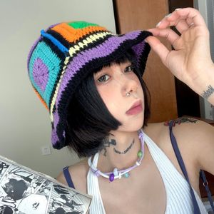 Geniş Memlu Şapkalar Kova Renkli Örme Şapka Kadın Kız El Yapımı Kroşe Y2K Moda Yaz Plajı Kore Hollow 230821