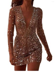 Lässige Kleider 23 modische und sexy Deep V Doppelschicht Schlanke Taille Perspektive Gold verpacktes hip elegantes Kleid Langarm Abend Dres