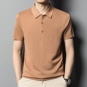 Mulberry Silk Kısa Kollu T-Shirt Erkekler Polo Neck Yaz İnce Orta ve Yaşlı İş Gündelik Yarım Kol Ananas Örgü T-Shirt