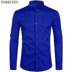 Men's Casual Shirts Men's Royal Blue Dress Shirts Brand Banded Mandarin Collar Shirt Male Long Sleeve Casual Button Down Shirt with Pocket 2XL 230822