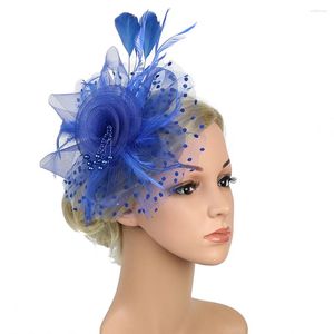 Bandanas Fascinators Hat için Kadın Çay Partisi Baş Kafa Bandı Düğün Kokteyl Çiçek Örgü Tüyler Saç Klipsi (Koyu Mavi)