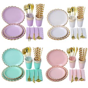Другое мероприятие вечеринка поставляется с фиолетовой мятой зеленой розовой бумаги, одноразовая посуда, набор посуда, набор салфетки для салфетки.