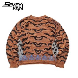 Erkekler Hoodies Sweatshirts Seveyfan Erkekler Retro Sweaters Tiger Stripe o Boyun Hip Hop Büyük Boyu Kazak 230821