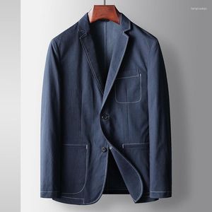 Erkek takım elbise erkekler rahat takım blazer bahar ince yüksek kaliteli denim mavi ceket sokak kıyafeti erkekler uzun kollu düğme üst gri kat