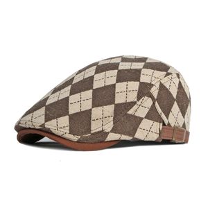 Berets Spring Fall Мужская шляпа Beret Retro Plaid Herringbone Cap Forward Flat Ed Женщины ежедневная одежда