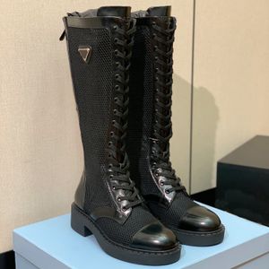 En kaliteli üçgen fırçalanmış deri ve örgü diz botları düz topuk sivri ayak botu kadın lüks tasarımcılar moda gündelik batı ayakkabıları fabrika ayakkabı boyutu35-41