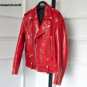 Erkek trençkotları mauroicardi bahar kırmızı desen taklit deri bisikletçi ceket uzun kollu fermuar artı boyutu tasarımcı erkek giyim 4xl 5xl 230822