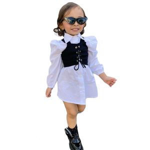 Giyim Setleri Çocuk Bebek Kız Giysileri Sonbahar Kıyafetleri Düz Renk İki Parçalı Uzun Kollu Yakel Beyaz Gömlek Elbise Bağlı Çapraz Kayış Yelek 1 6y 230823