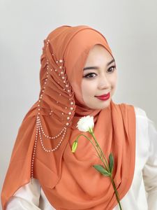Hijabs Muslim Beaded Tassel Hijab Solid Color Arab Women Shiny Soft Easy to Wear Turkish Head Wrap Scarf 230823