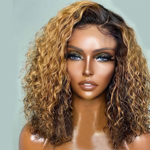 Медовая медовая блондинка Curly Full кружевная парик для волос REMY Remy Premy Bouncy Curl Brown 360 13x6 Прозрачный HD -парик