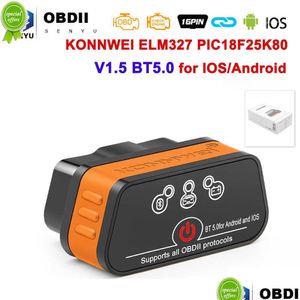 Teşhis Araçları Konnwei ELM327 V1.5 Bluetooth 5.0 Elm 327 V 1 5 OBD2 Tarayıcı Araba ODB2 OBD 2 Kod Okuyucu PK VGATE ICAR2 DROW TESLİM DHDFM