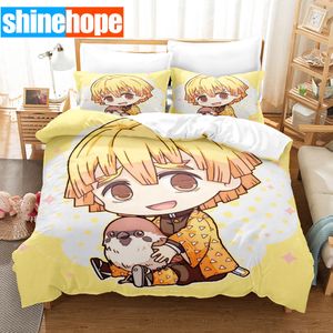 Постилочные наборы милые Zenitsu Agatsum Demon Slayer Seled Set Set Anime Quilt Cover King Size Seep Lense Set 3 куски для подростков 230823