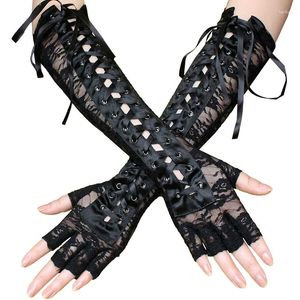 Disposable Gloves Women Sexy Lace Up Winter Black Elbow Length Fingerless Ribbon Punk Party Dress Cosplay Costume Goth Lolita