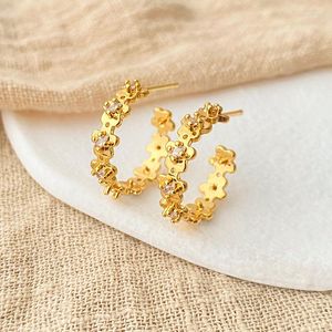 Orecchini a cerchio 18K zirconia placcata in oro squisito elegante retrò s925 ago argento anti-allergia forma c semplice per donne