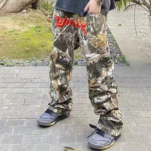 Erkekler Pantolon Mektup Havlu Nakış Leopar Sokak Giyim Mens Rahat Pantolon Pacthwork Cepleri Striaght büyük boy gevşek parça 230824