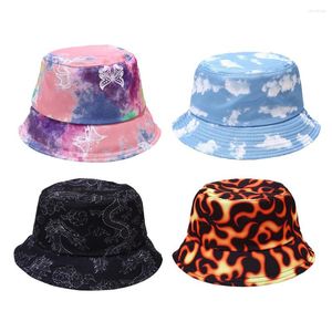 Berets Fashion Women Men Men Harajuku Buckte Hat Hat Fire Tie Dye Dye Butterfly Print Fisherman Hip Hop Wide Sunscreen