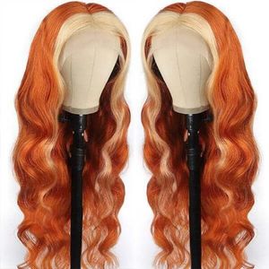 32 Inch Body Wave Ginger Orange with 613 Blonde Stripe Lace Wig 13x4 Deep Wave Lace Front Human Hair Wig for Women Preplucked