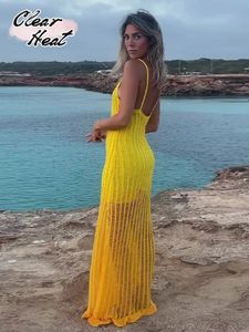 Abiti casual di base Fashion Giallo Mezza Vedi attraverso Mesh Maxi Dress for Women Sexy V Neck Sleeveless Slure Slim Wood Outfits 2023 230823