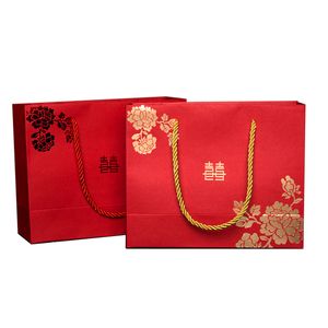 Çin tarzı gül çiçekleri kırmızı çifte mutluluk düğün hediye kağıt çanta tutamaklı paket şeker torbaları toptan sn4451