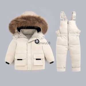 Down Ceket Toddler Kış Kid Kızlar ve Erkekler Düz Renk Snowsuit Kar Pantolon ve Ceket Kıyafetleri Ceket L231128