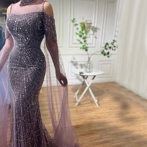Urban Sexy Dresses Serene Hill Arabic Purple Mermaid Cape Sleeves Beaded Luxury Long Evening Gowns 2023 For Woman Wedding Party LA71992 230825