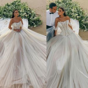 A Line Wedding Dresses Illusion Strapless Corset Bodice vestido de noiva Sleeveless Tiered Tulle Bridal Gowns