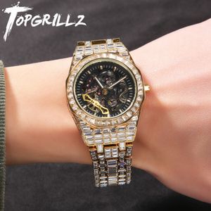 Смотреть ленты Topgrillz Механические роскошные часы багетки в желтом золотом блеск из нержавеющей стали.