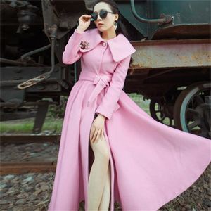 Женское длинное шерстяное пальто из смесовой шерсти, женское розовое пальто, утепленное теплое кашемировое пальто в британском стиле 230825
