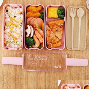 Lunch Boxes Bags Healthy Material Box 3 Layer 900Ml Wheat St Bento Boxes Microwave Dinnerware Food Storage Container Lunchbox Vf0001 Dhn6D