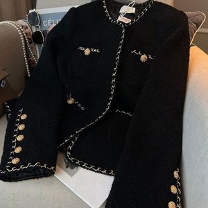 Женские куртки осень черный винтажный дизайн круглый шейный флисовый пиджак, женские элегантные роскошные хакеты мужаер с длинным рукавом короткое пальто 230825