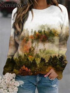 Kadın T-Shirt Kadın Sweatshirts Sanatçı Yağlı Yağlı Orman Baskı Uzun Kollu Bayanlar Bahar Soyut Peyzaj Jumper 2021 Sonbahar Kazak Üstleri T230826