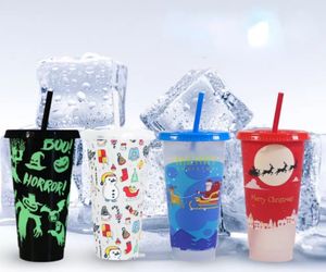 24OZ/710ml Christmas Halloween Mug Color-Changing Water Cup Cold-Changing Drink Straw Cup Fruit Tea PP Temperature-Sensitive Plastic Cups Gift FY5588 AU17