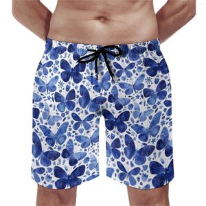 Erkek şort yaz tahtası mavi kelebek koşu sörf retro çiçek suluboya kelebekleri kısa pantolon moda yüzme gövdeleri