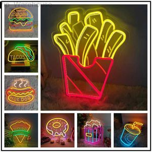 Fries Neon Sign Hot Dog Hamburger Pizza Kek Donuts Led Neon Aydınlatma Lambaları USB Partisi Restoran Mağazası Kawaii Oda Dekoru HKD230825