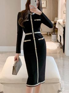 Vestidos casuais básicos outono inverno highend luxo mulheres manga longa espartilho envoltório elegante vestido senhoras bolso design vintage preto 230828