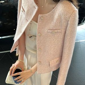 Casacos femininos francês vintage pequeno perfumado mulheres rosa tweed casaco 2023 outono o-pescoço single-breasted senhoras lã outerwear femme