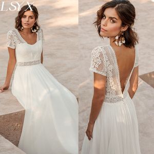 Sexy Chiffon V Neck Boho Wedding Dress 2024, Short Sleeves Floor Length Backless Bridal Gown