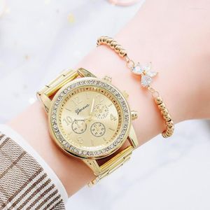 Relógios de pulso feminino relógio de quartzo negócios banda de aço diamante falso três olhos moda borboleta pulseira conjunto presente relógio