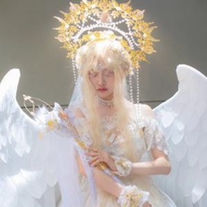 Sun Goddess Angel KC Halo Crown Headciece Золотая королева Анна Барочная Жемчужная Глава Тиара Коллекция Лолита Коллекция Готическая