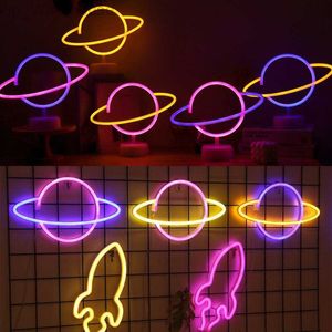 Planet Neonschild Blitz Rakete Neonlicht Neon-LED-Leuchten Regenbogen-Neonschilder für Zimmer Home Decor Party Wandlampe Nachtlichter HKD230825