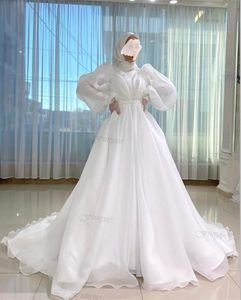 Kentsel Seksi Elbiseler Beyaz Vestidos De Novia Kadınlar İçin Müslüman Gelinlik 2023 Gelin Organza Yüksek Boyun İslami Hijab Gelin Elbise Kabarık Kol 230828