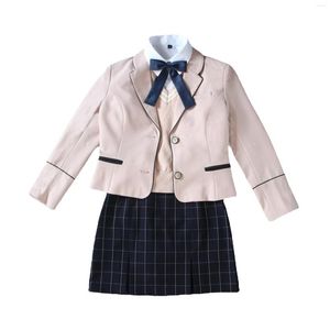 Giyim Setleri Kore Koleji Öğrenci Sonbahar Kış Takımı Üniforma Pembe Ceket Kazak Yelek Izgara Kısa Etek Takımları Kız Okulu JK Elbiseler