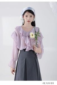 Kadın Bluzları Moda Kore Şık Tasarım Yuvarlak Boyun Şifon Gömlekleri Uzun Kollu Mor Ruffles Dantel Vintage Zarif Femme Üstler