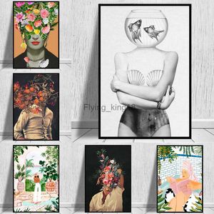 Аннотация Женщина и цветы сюрреалистические стиль плакаты на стенах искусства печатные изделия.
