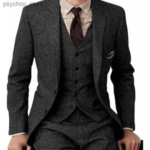 Erkekler Üç Parça Takım Notch Lapel Tweed Düğün İşleri İçin Günlük İş Takımı (Blazer+Yelek+Pantolon) Q230828
