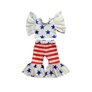 Giyim setleri moda bebek kız kıyafetleri seti 4 Temmuz Uçan Kollar Yuvarlak Boyun Baskısı Üst Çan Alt Pantolon 230828
