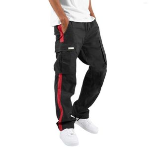 Herrenhose Vier Jahreszeiten Straße Freizeit Sport Multi-Taschen-Fußseil Taille Schnürung Patchwork-Band Standard gewebter Cargo-Streifen