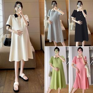 Elbiseler Kore tarzı analık kıyafetleri turnown yaka kısa kollu hamile kadın pamuk hoodies uzun gevşek gebelik aline elbiseler